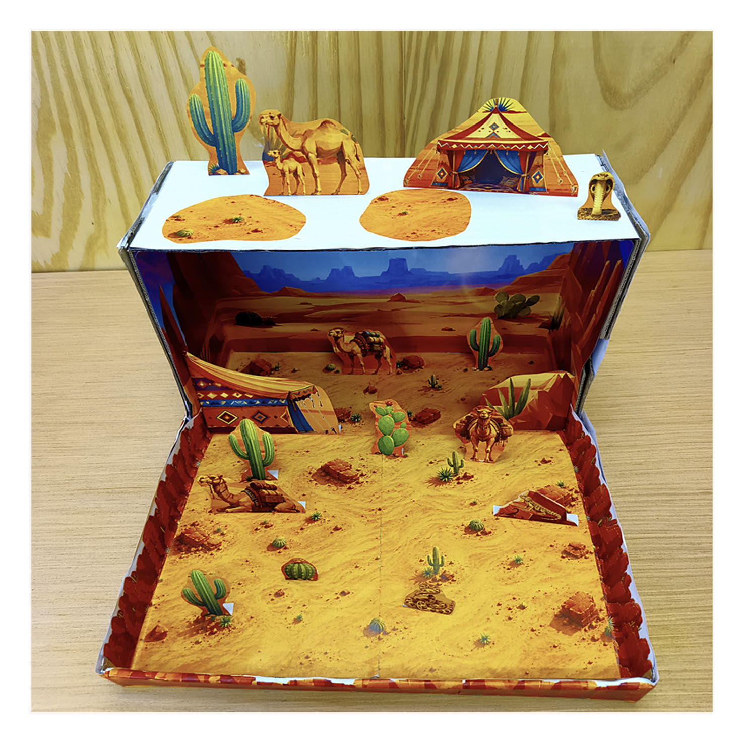 Top view of a printable Desert Habitat shoebox diorama showing the layered desert scene