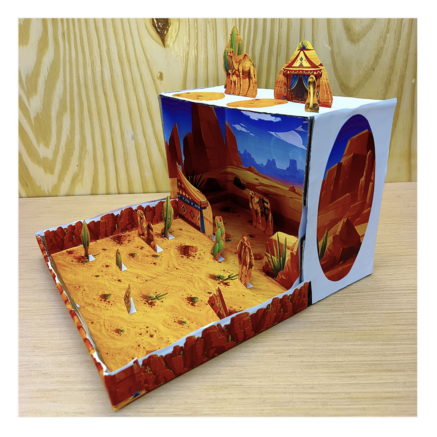 Left side view of a printable Desert Habitat shoebox diorama for kids