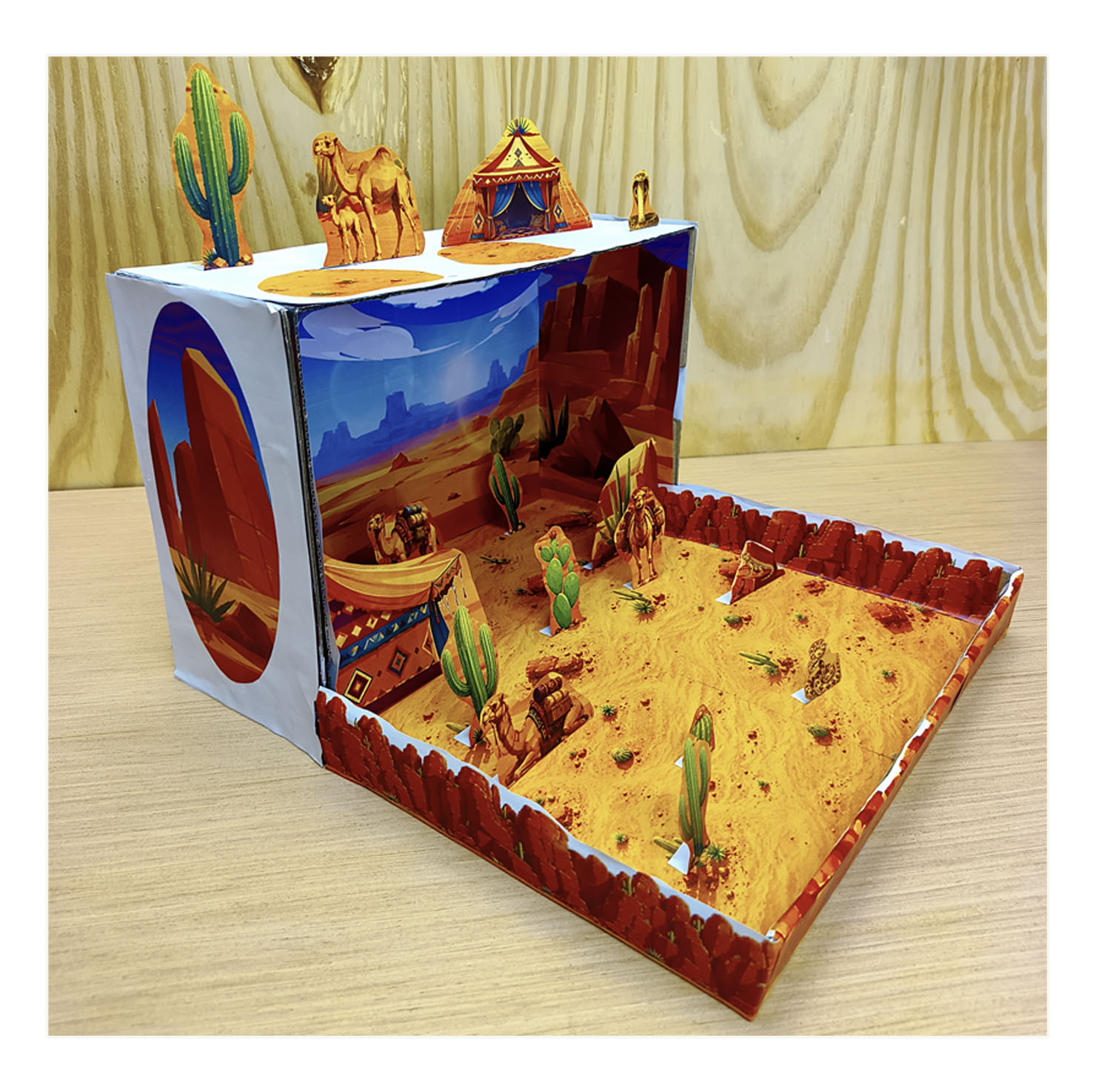 Right side view of a printable Desert Habitat shoebox diorama with desert scenery