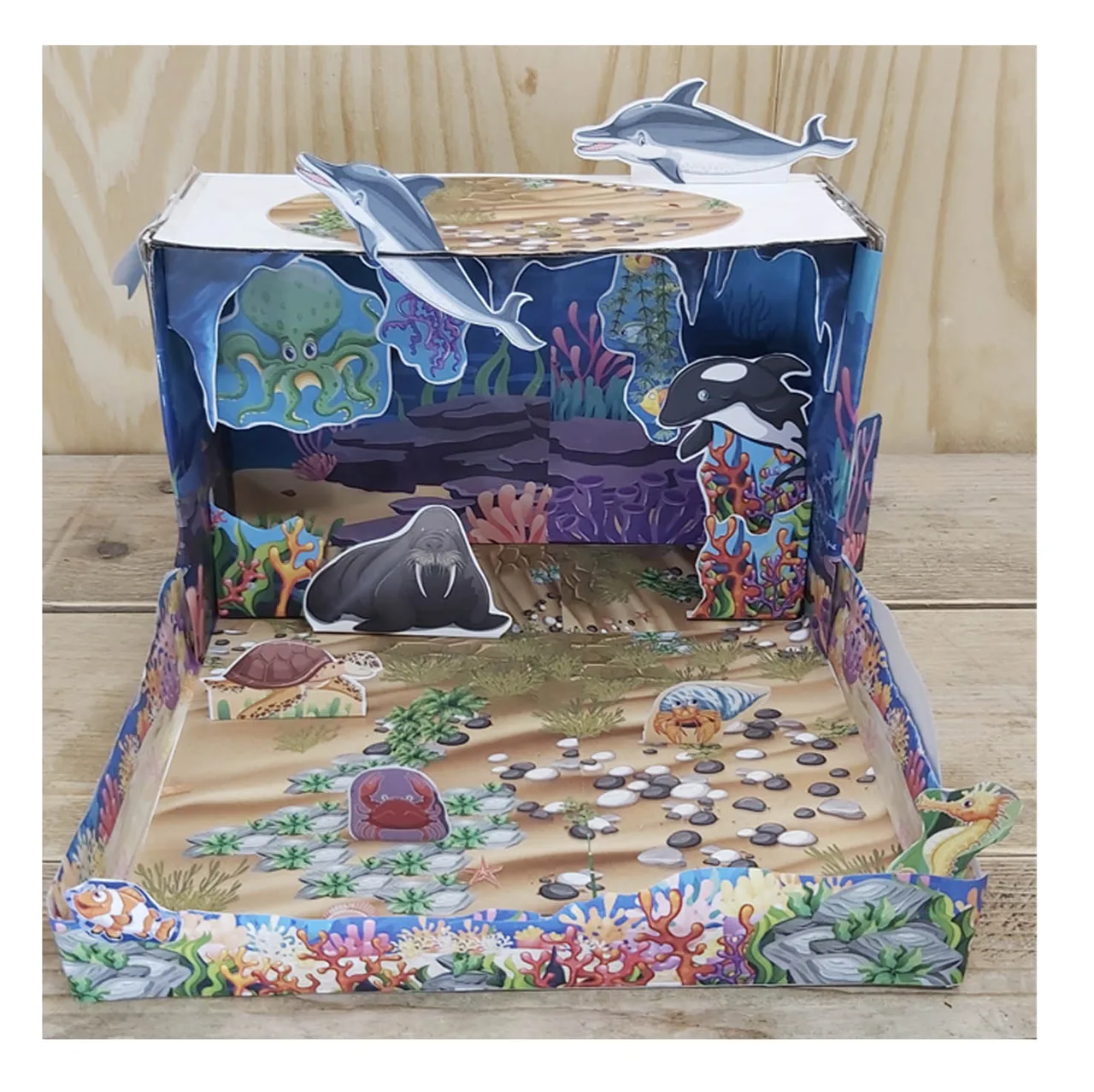 Completed printable Ocean Habitat shoebox diorama for kids with underwater scenery, coral and sea animals