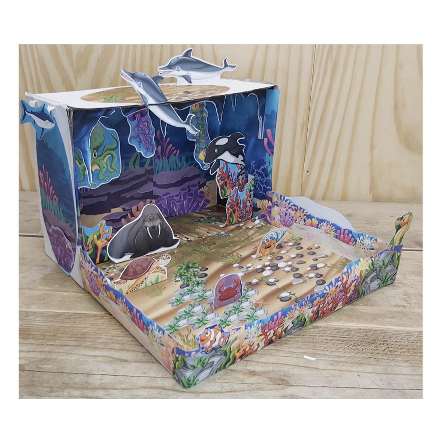 Right side view of a printable Ocean Habitat shoebox diorama for kids