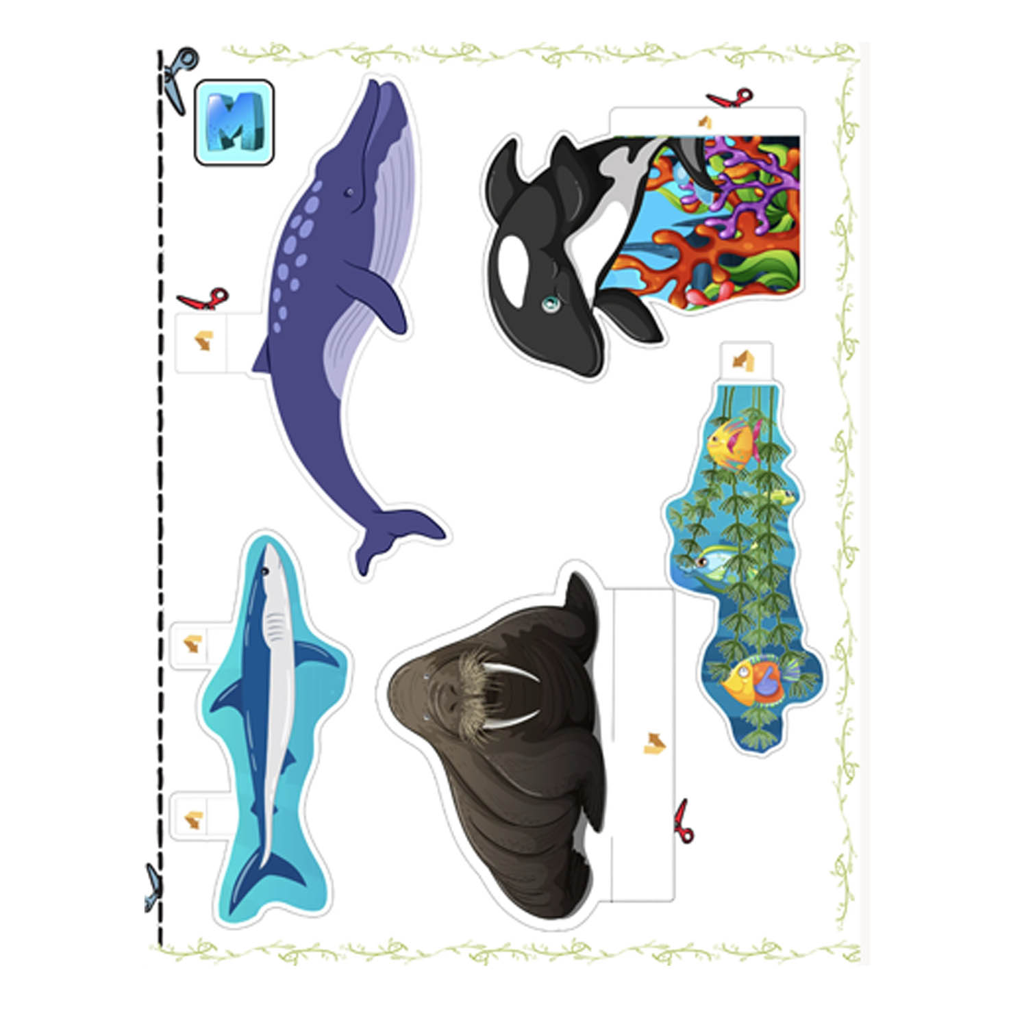 Printable Ocean Habitat PDF page with colorful fish illustrations