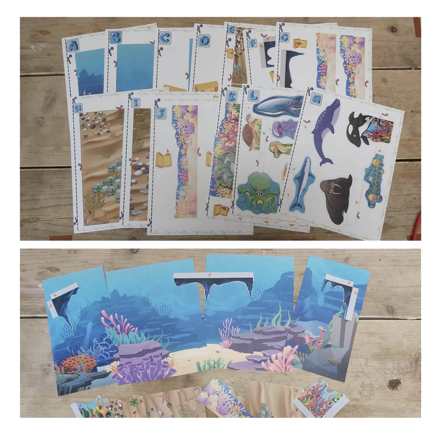 Printed Ocean Habitat PDF pages on a table with some paper pieces already cut out