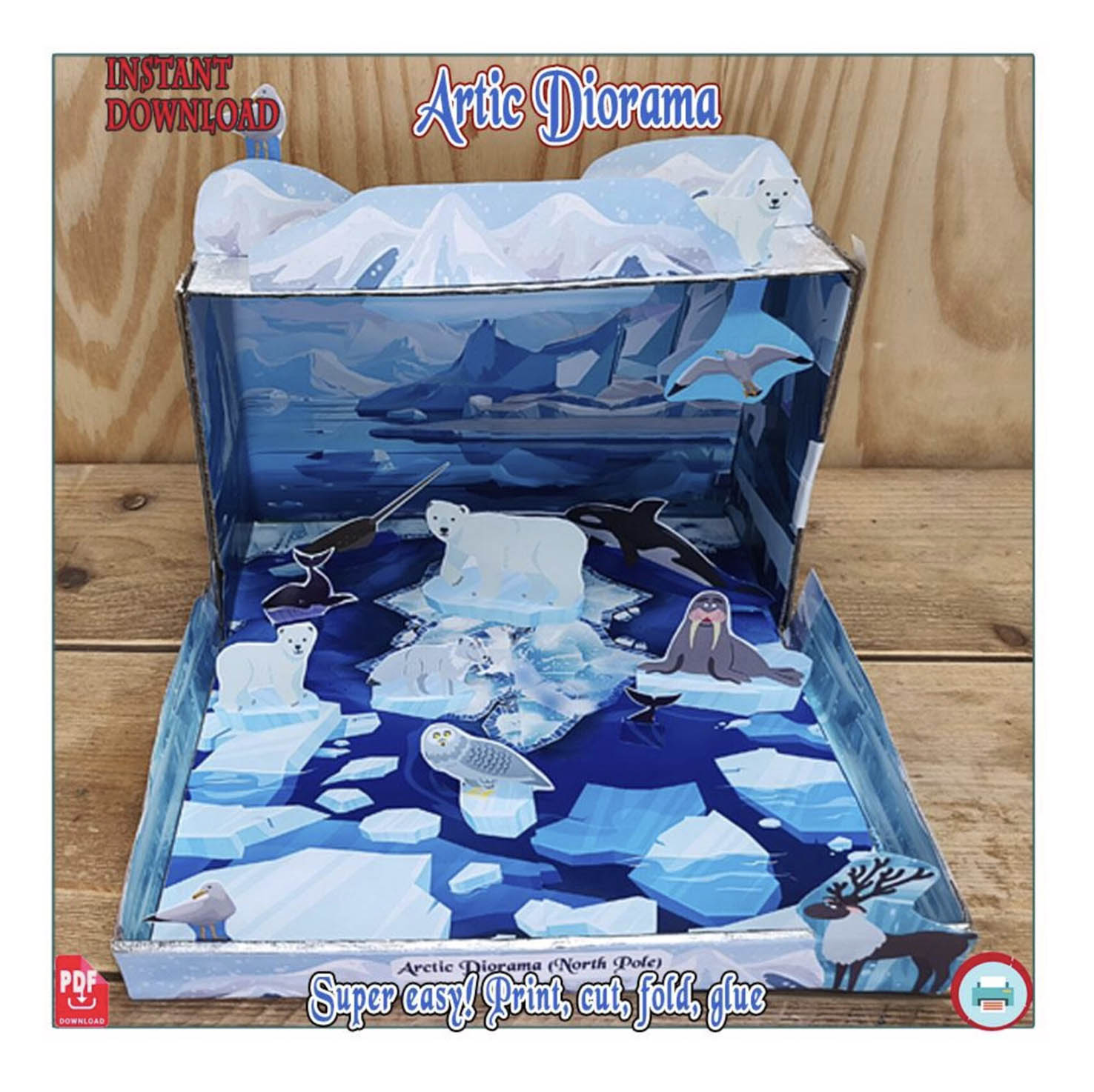 Completed printable Arctic Habitat shoebox diorama for kids with polar bears and North Pole animals