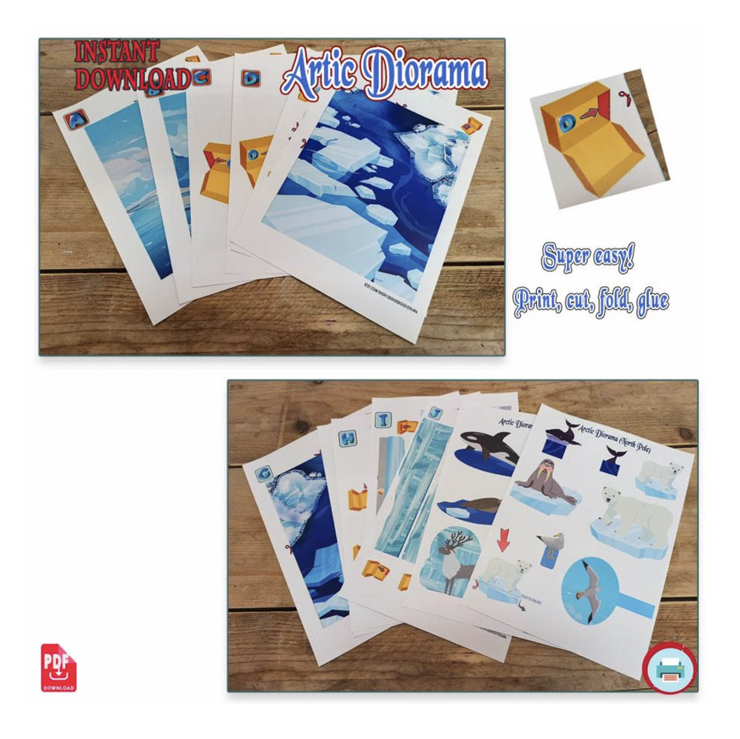 Printed Arctic Habitat PDF pages laid out on a table ready for a children's shoebox project