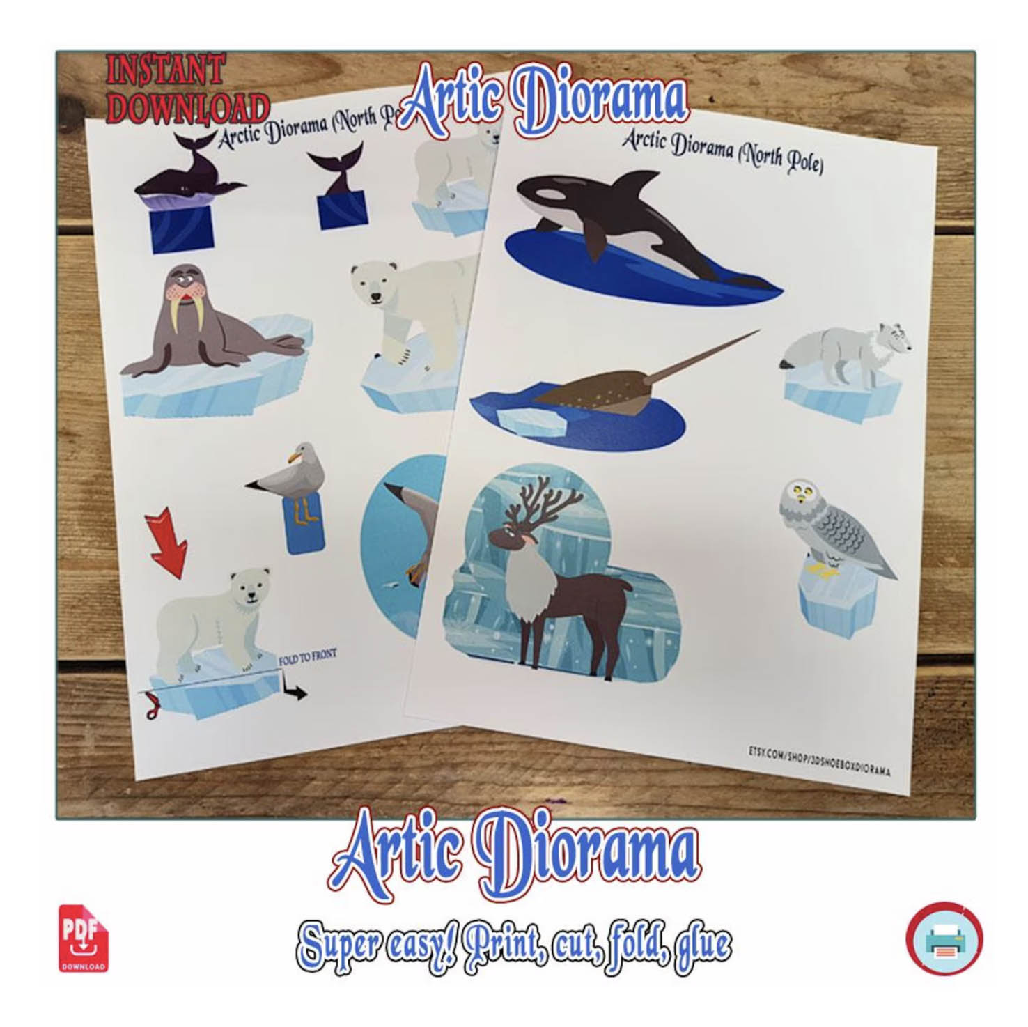 Close-up of printed Arctic animal pages from the printable shoebox diorama PDF