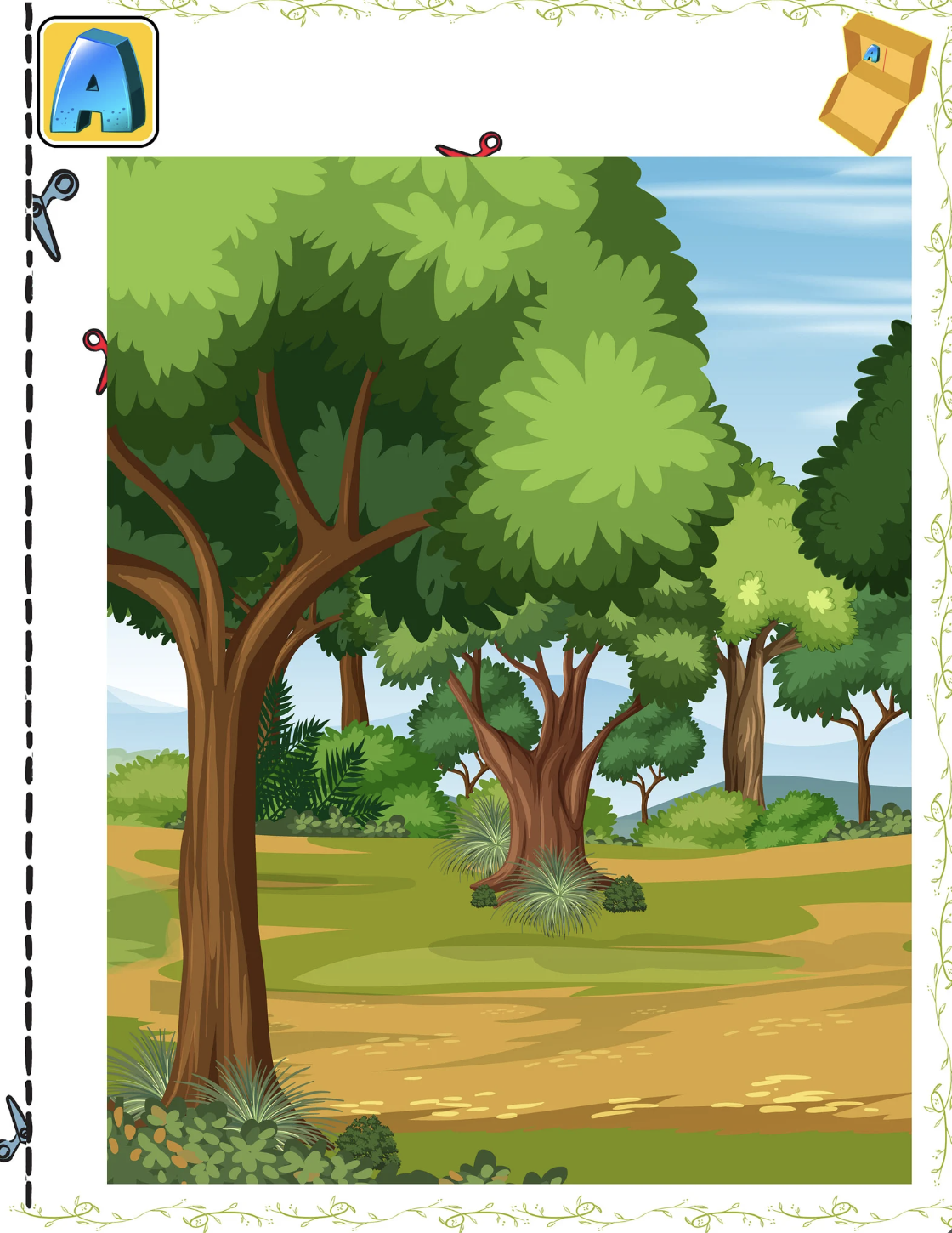 Forest shoebox diorama printable page showing clear shoebox placement icons and arrows for children