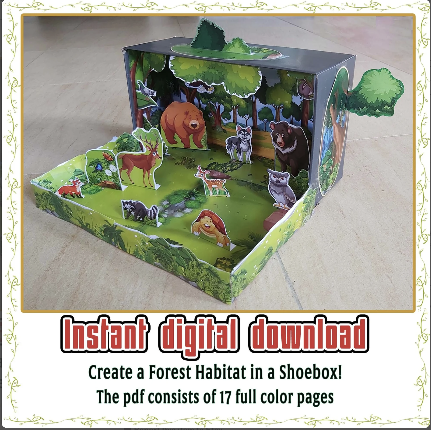 Printable Forest Habitat shoebox diorama for kids with woodland animals, trees and a three-dimensional paper forest scene
