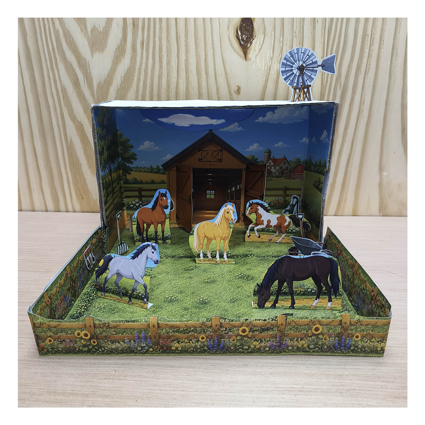 Printable Horse Stable and Paddock shoebox diorama for kids with paper horses, wooden fences, flowers and a country windmill
