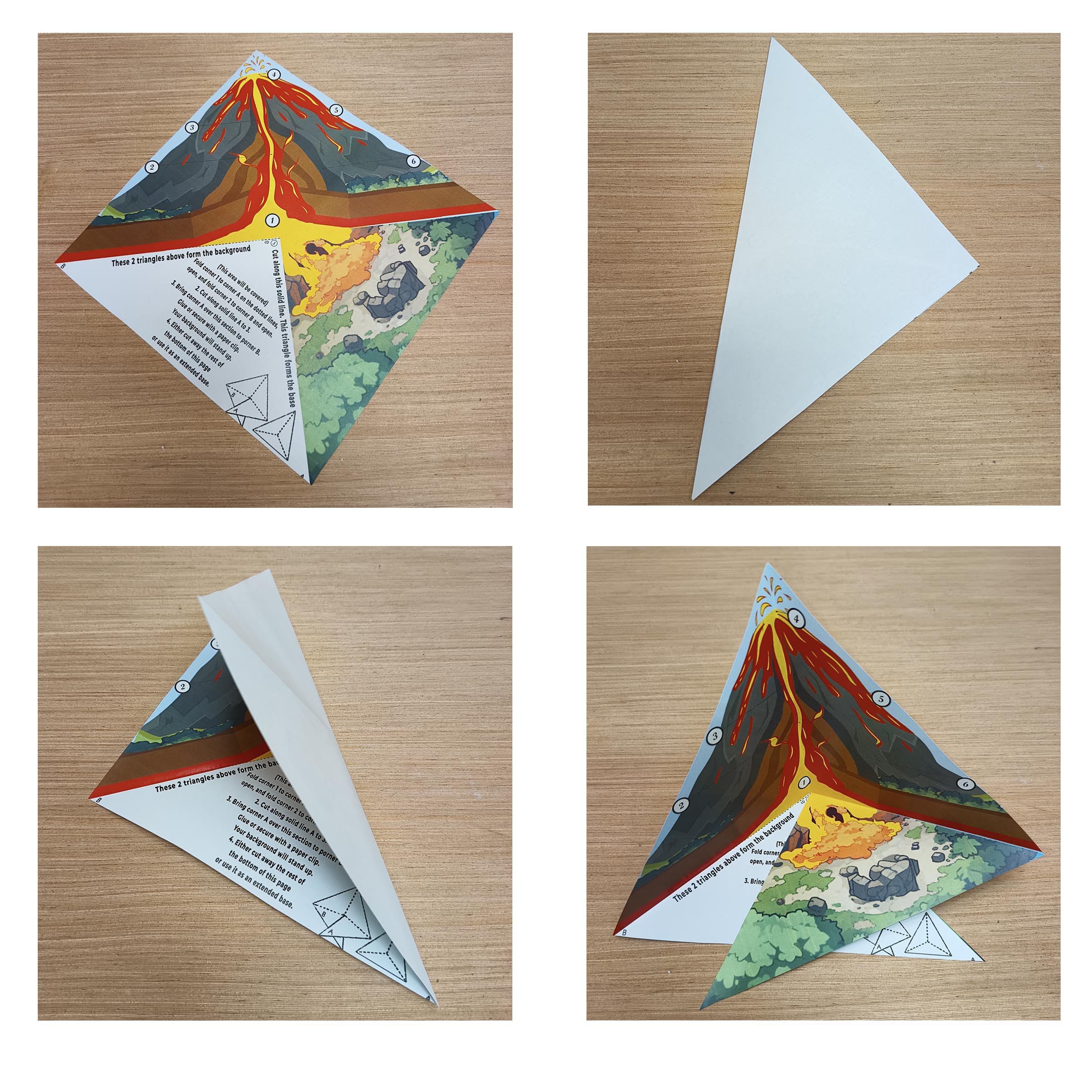Four photos showing a paper volcano template being folded into a standing triangular scene