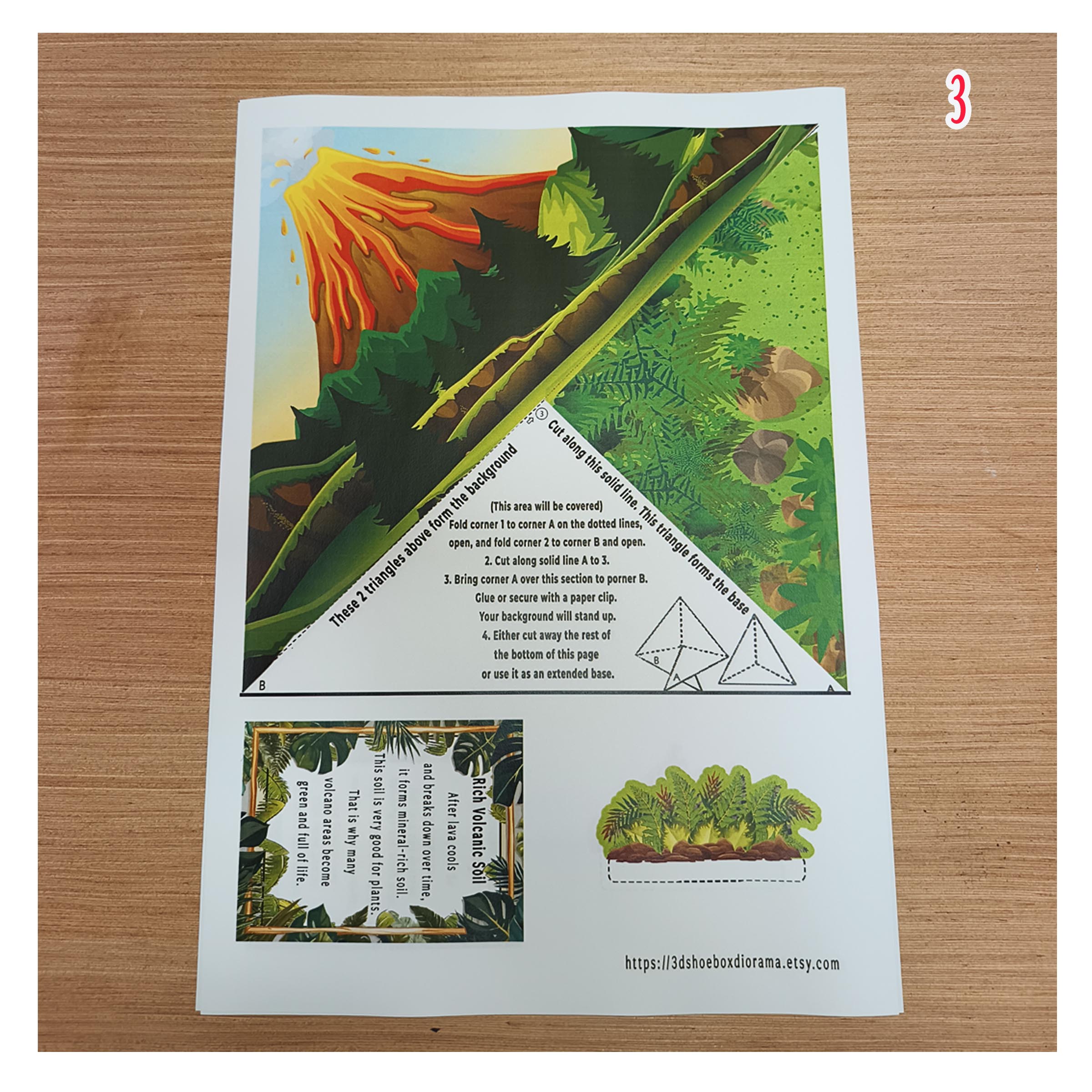 Printable volcanic soil scene with trees, plant cut-outs and a soil information card