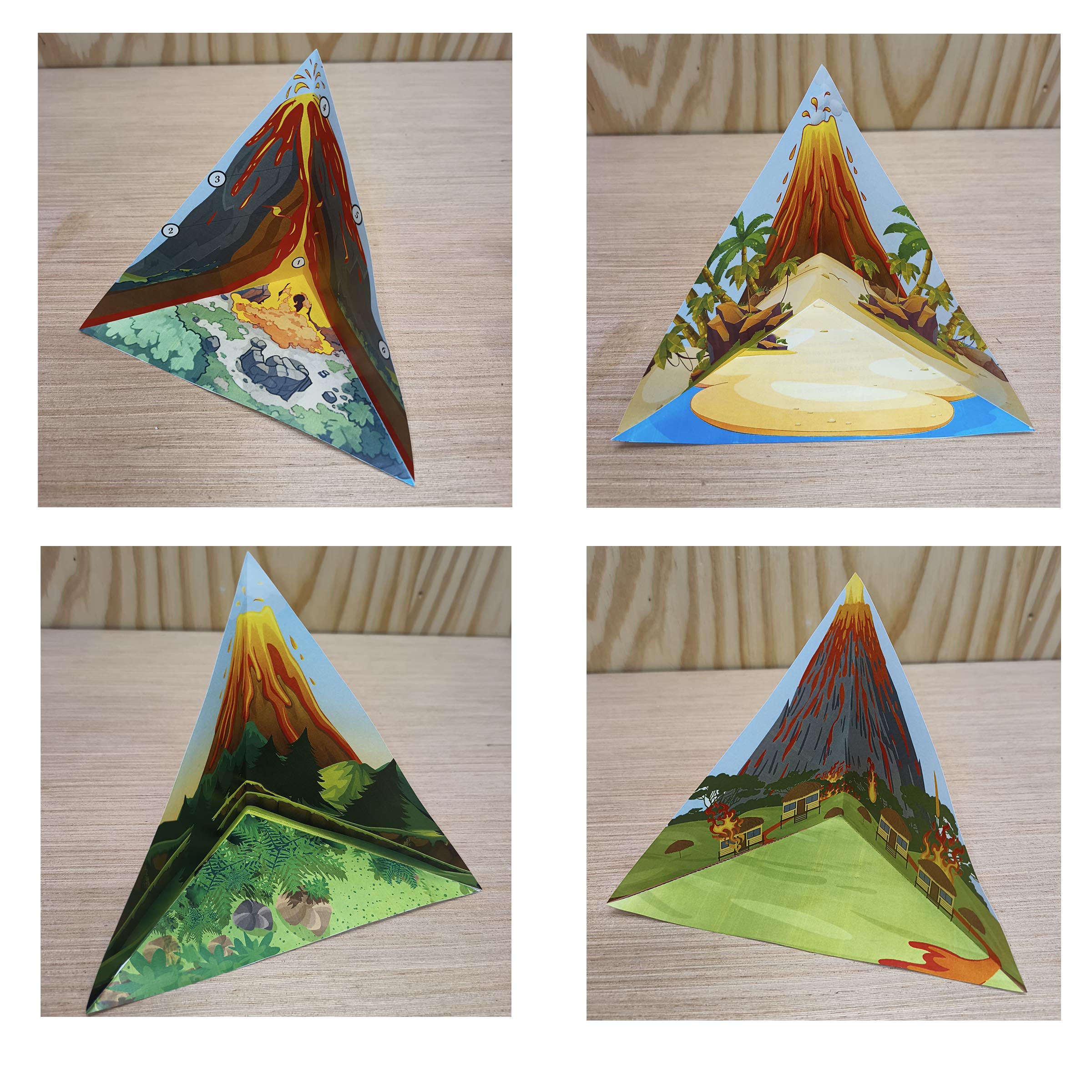 Four folded paper volcano scenes showing a cross section, island formation, volcanic soil and eruption hazards