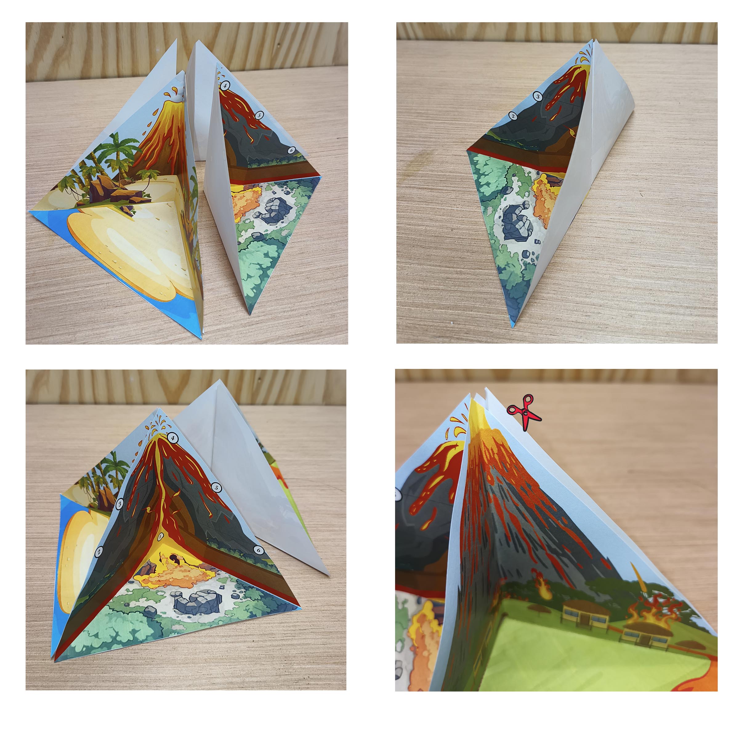 Assembly photos showing the folded volcano scenes being joined back to back and trimmed