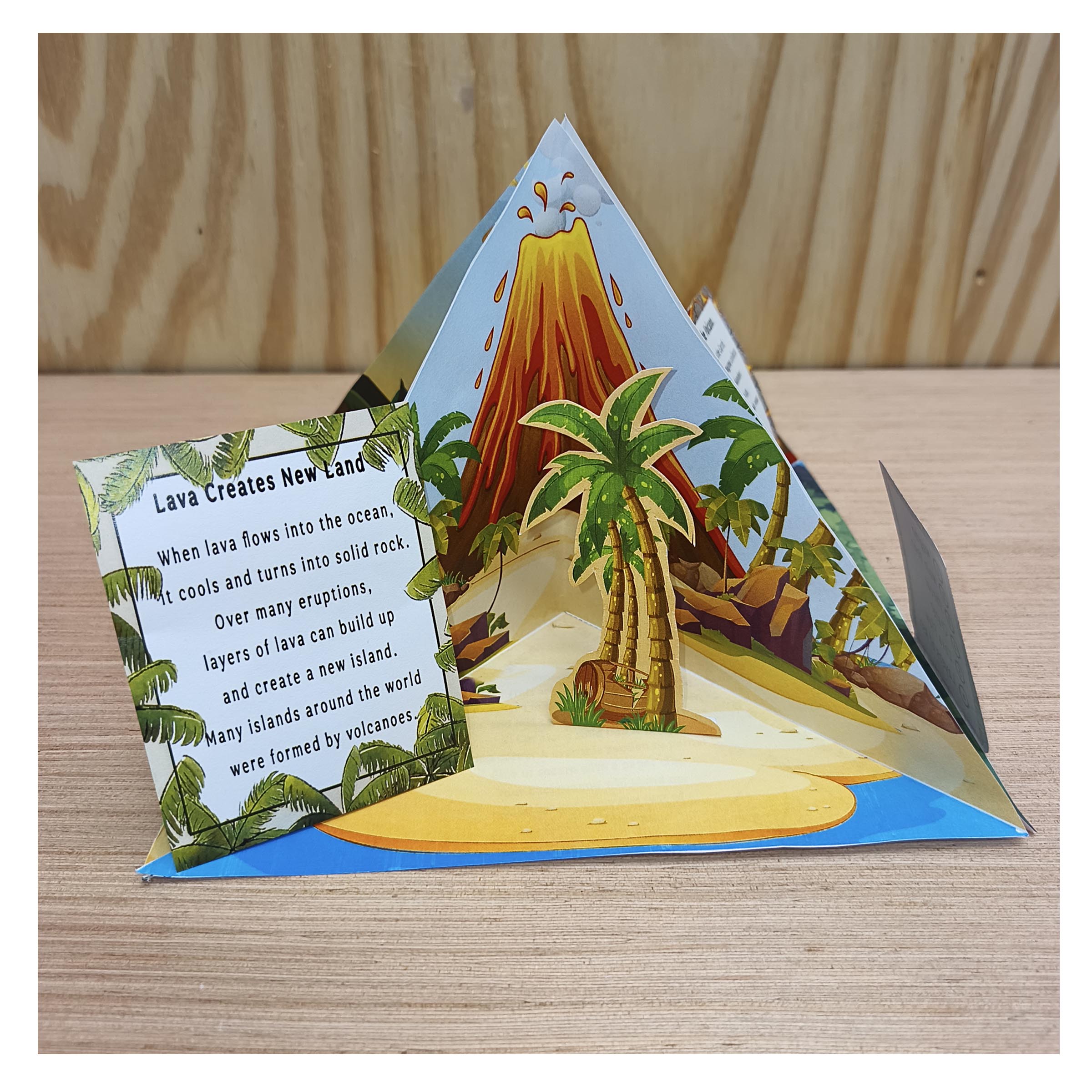 Paper volcano scene with an island, palm trees and an information card explaining how lava creates new land