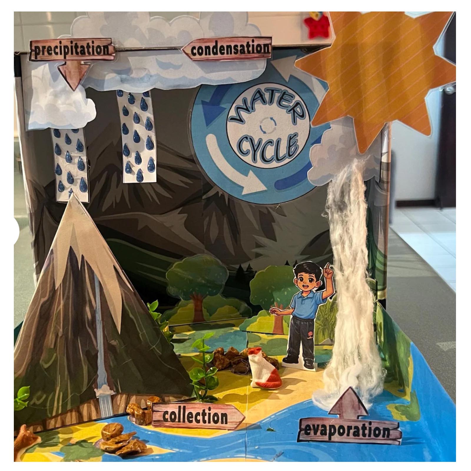 Personalised water cycle model with labels, extra plants and a waterfall