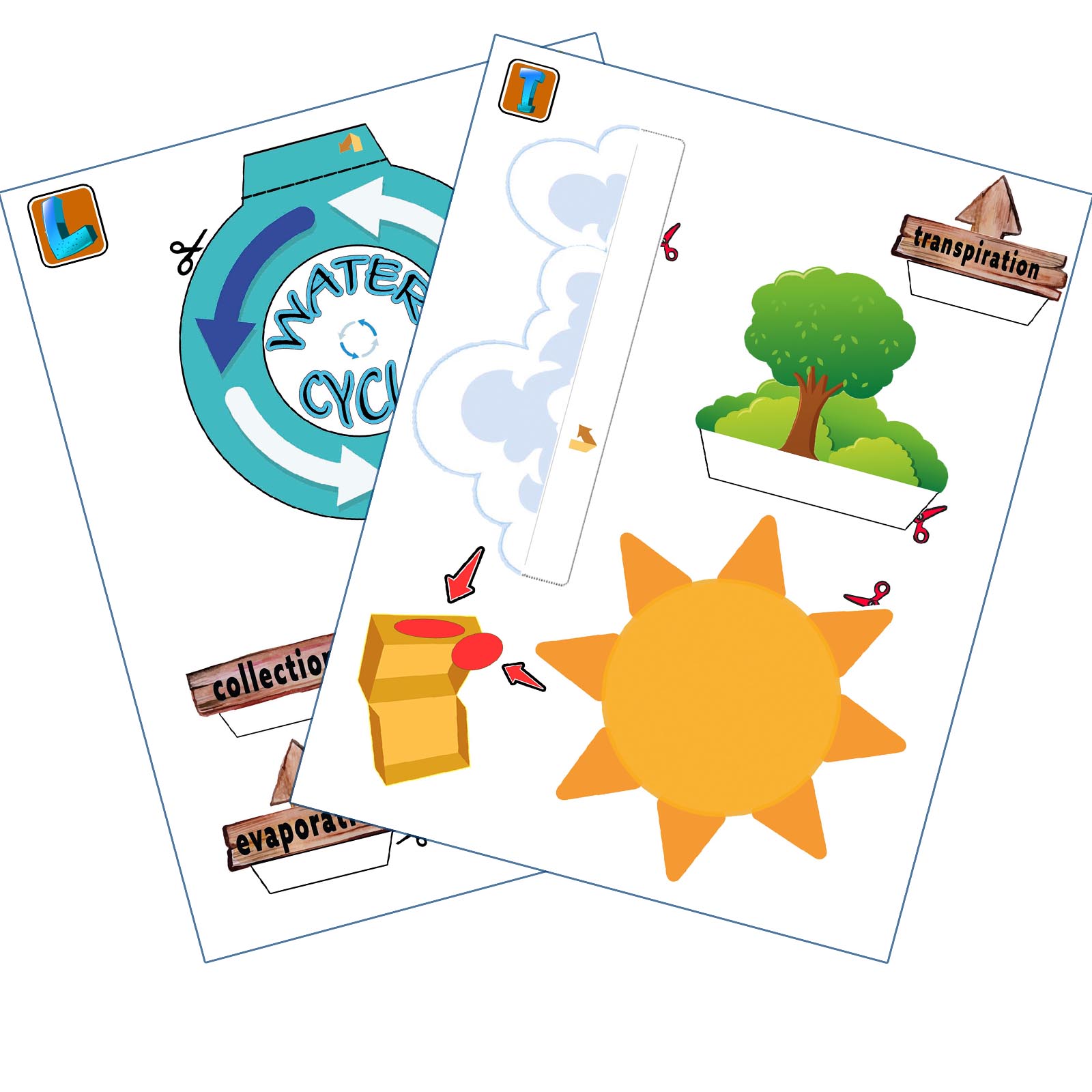 Paper clouds, sun, tree, water cycle sign and labels ready to cut out
