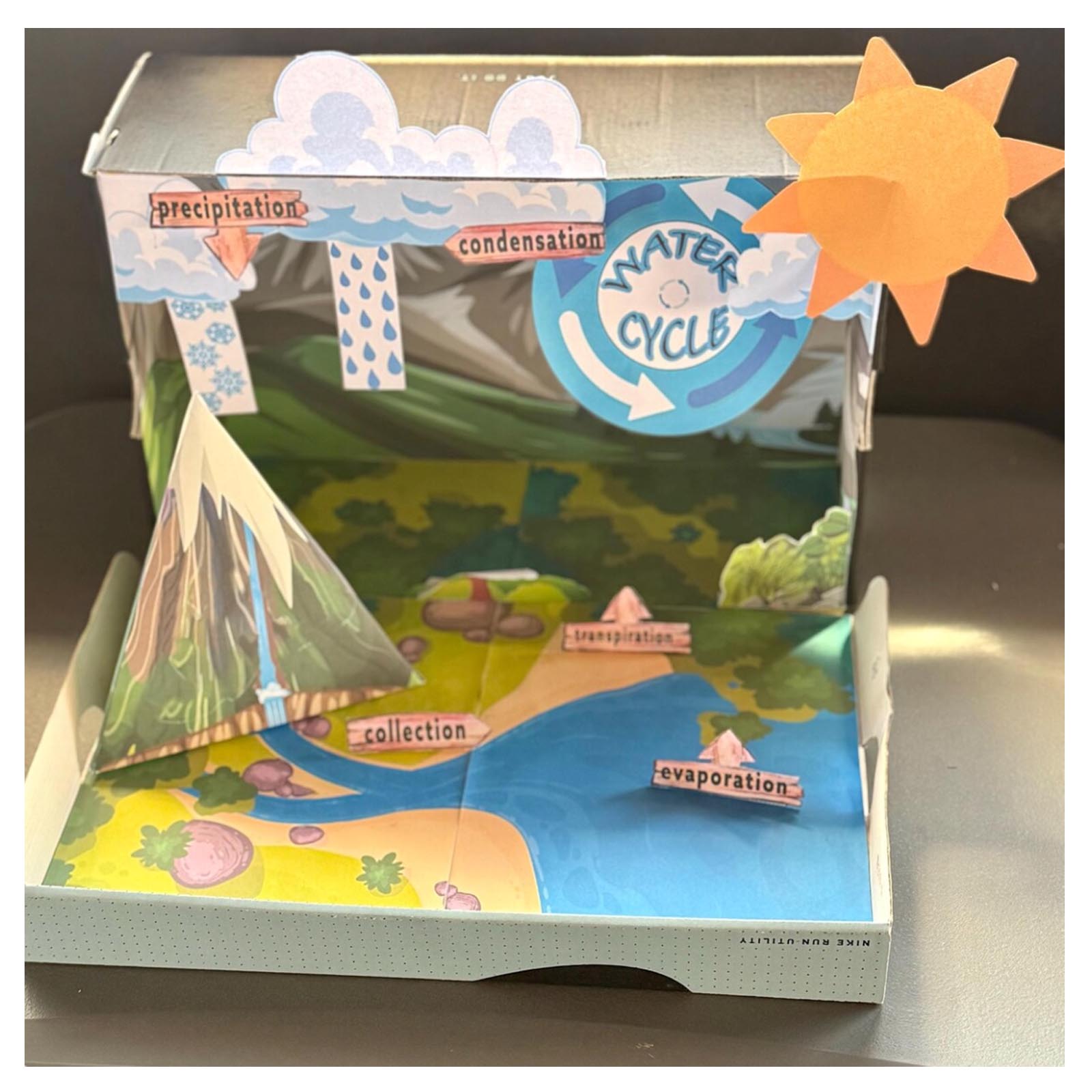 Student shoebox water cycle model with a large paper sun, clouds and hanging precipitation