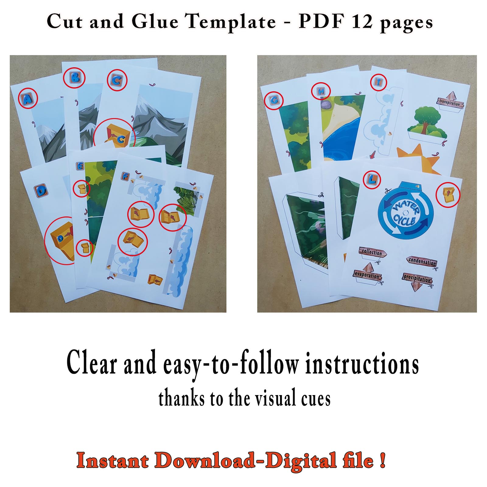 Water cycle cut-and-glue PDF preview with printed template pages and assembly instructions