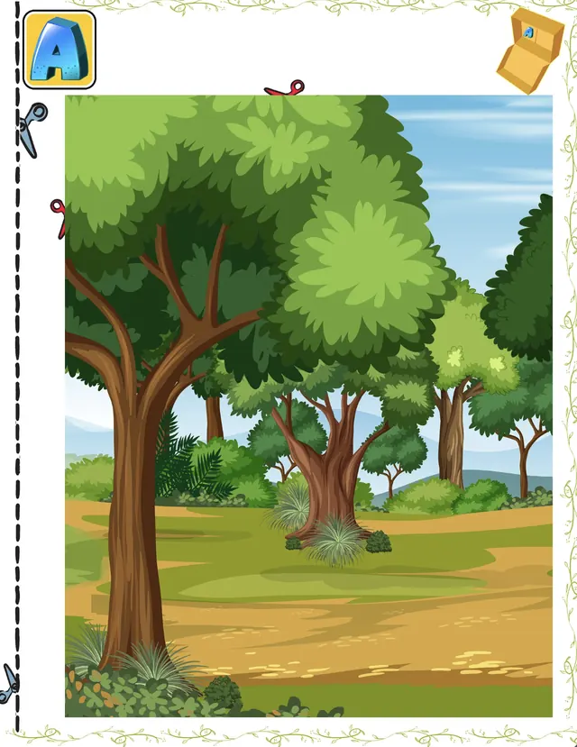 Latar hutan bergambar dengan pokok dan simbol kedudukan dalam kotak kasut