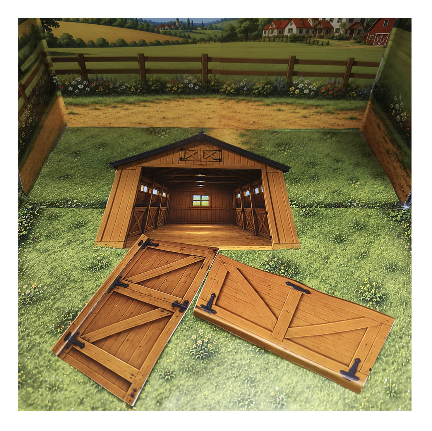 Printable wooden horse stable being assembled with separate paper barn doors for a 3D shoebox horse craft