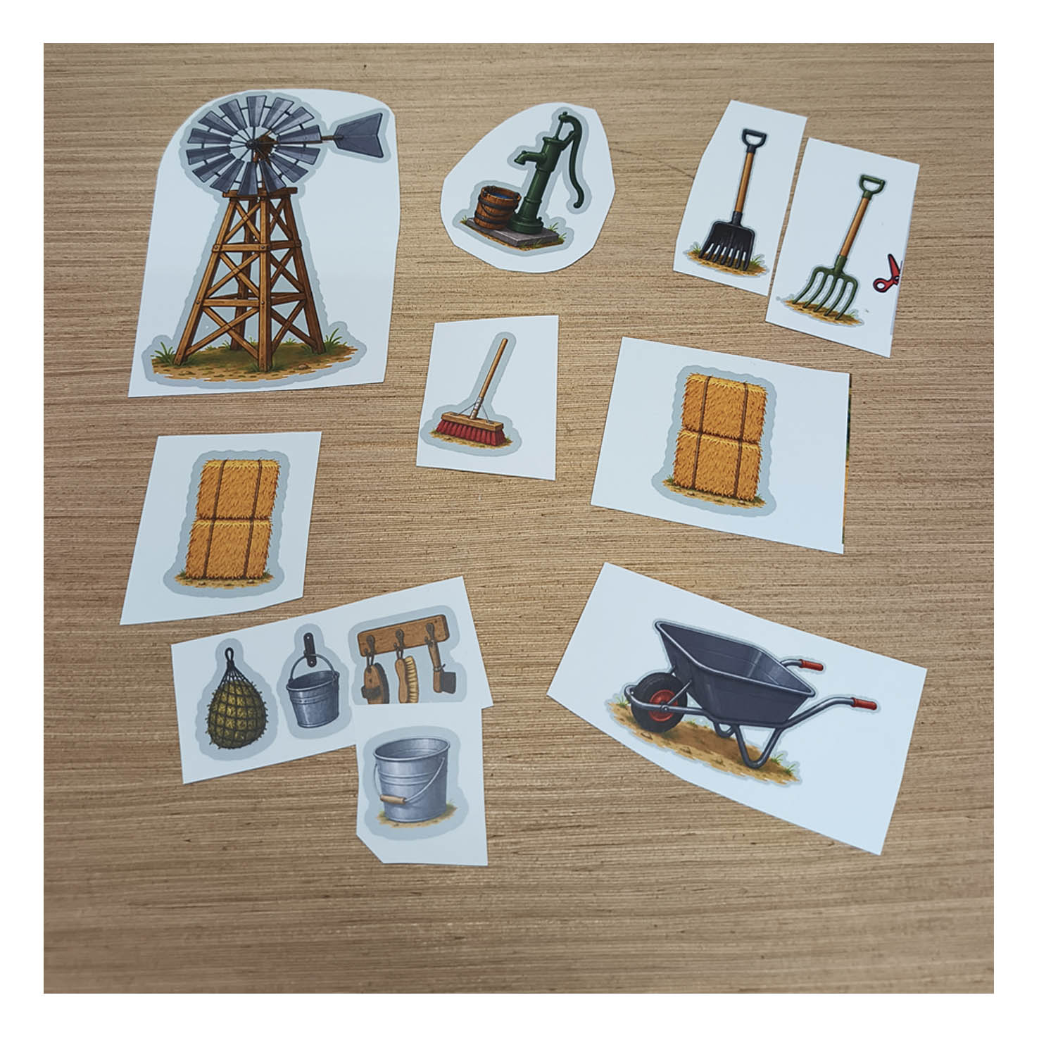 Printable horse stable accessories including a country windmill, water pump, wheelbarrow, buckets, hay and stable tools