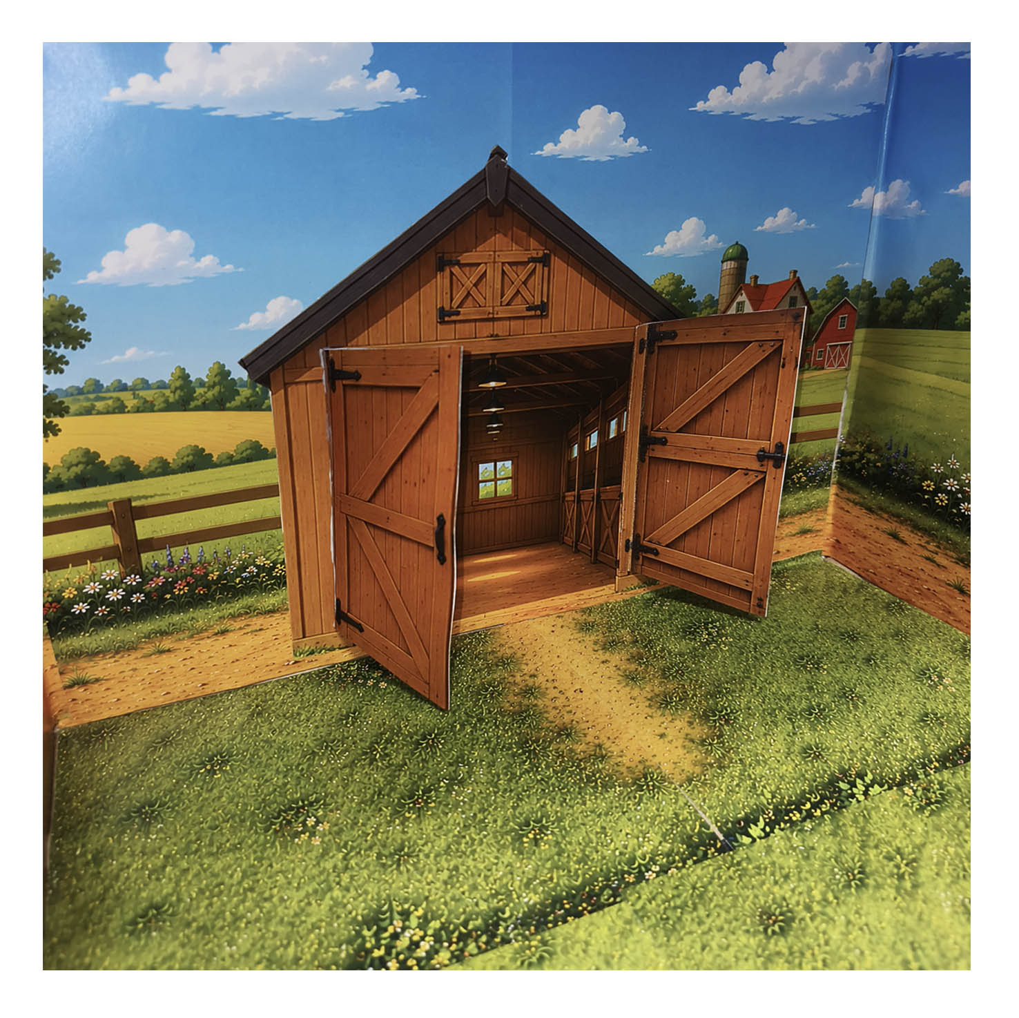Country style printable horse stable with open double doors showing the illustrated stalls inside the miniature barn