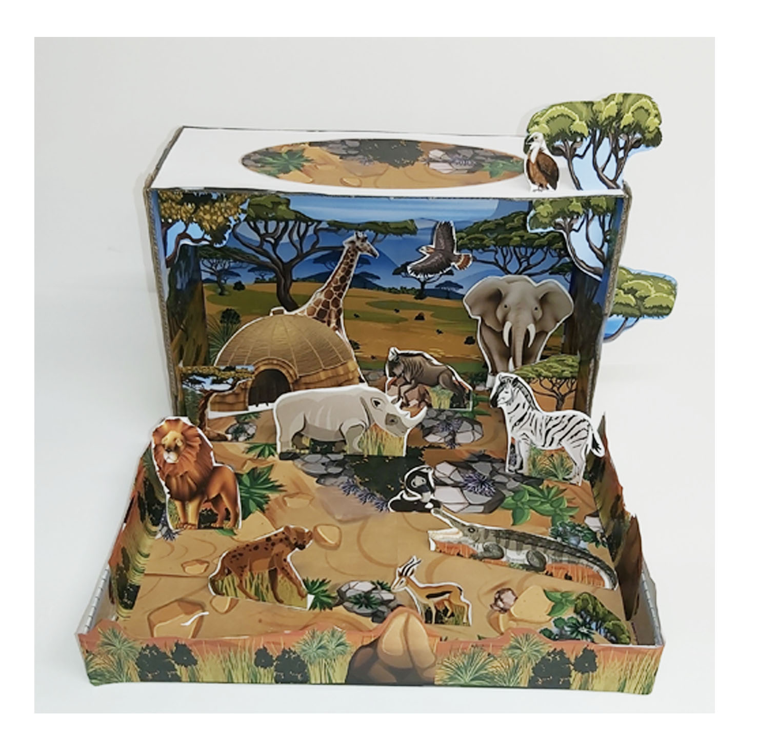 Printable savanna background page for a children's grassland habitat shoebox project