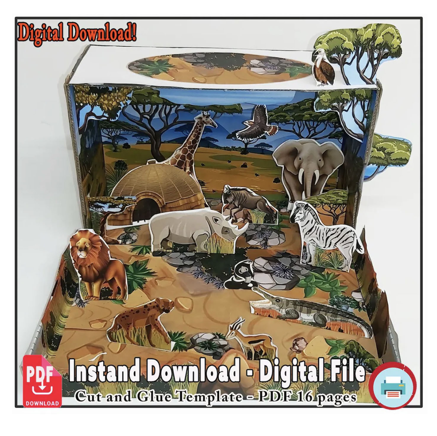 Completed printable Savanna Habitat shoebox diorama for kids with grassland scenery and African wildlife