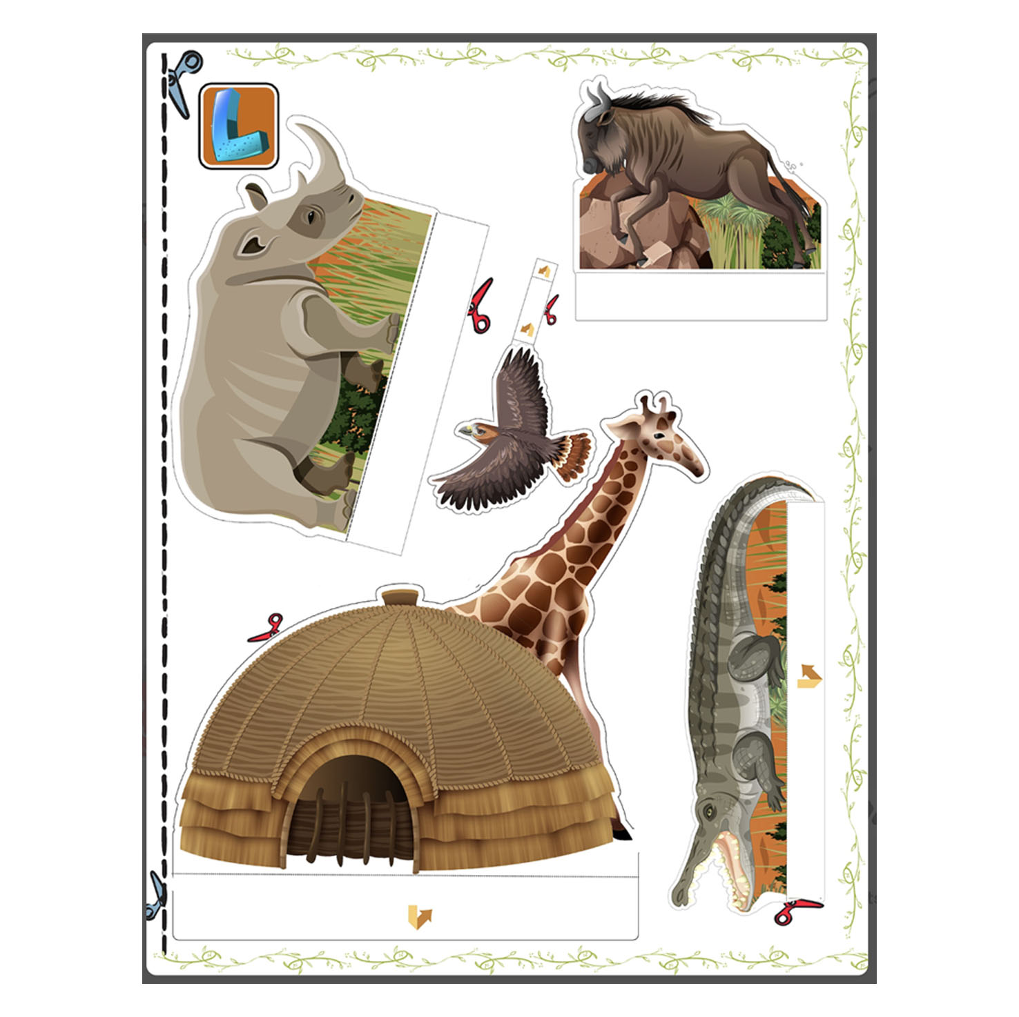 Printable savanna animals and scenery ready to cut out for a children's shoebox habitat project