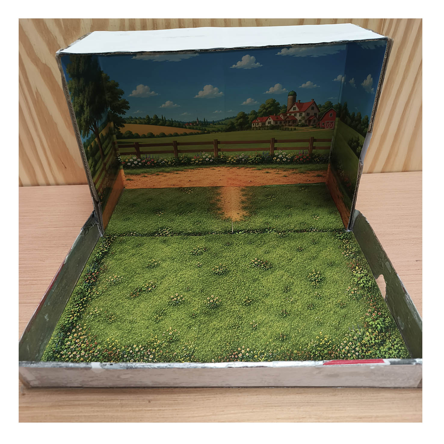 Shoebox transformed into a grassy horse paddock with country landscape, dirt path and printable stable background